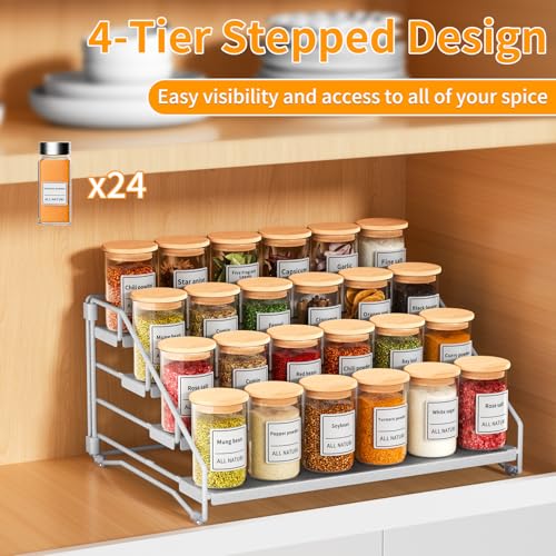 RCHYFEED 4 Tier Spice Rack Organizer, Spice Organization for Cabinet,Pantry, Countertop,Tiered Spice Rack Easy Visibility,Depth Expandable Seasoning Shelf for Kitchen Cabinet Organizer,Silver - Image 3