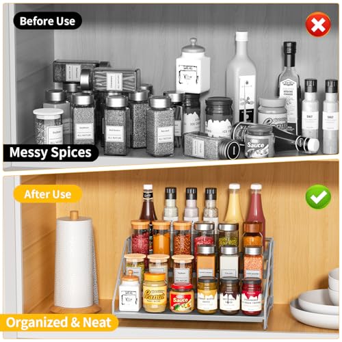RCHYFEED 4 Tier Spice Rack Organizer, Spice Organization for Cabinet,Pantry, Countertop,Tiered Spice Rack Easy Visibility,Depth Expandable Seasoning Shelf for Kitchen Cabinet Organizer,Silver - Image 2