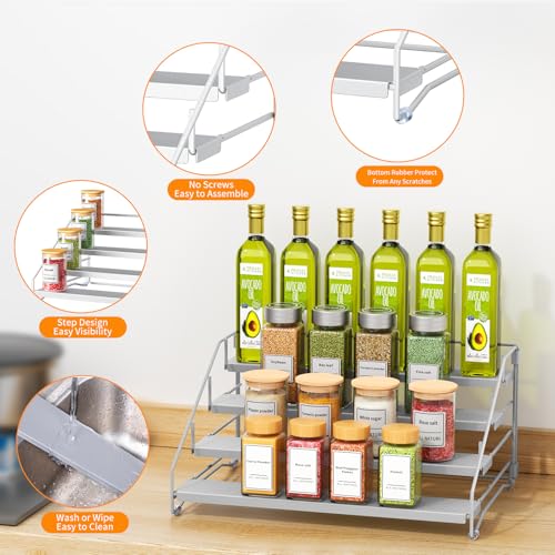 RCHYFEED 4 Tier Spice Rack Organizer, Spice Organization for Cabinet,Pantry, Countertop,Tiered Spice Rack Easy Visibility,Depth Expandable Seasoning Shelf for Kitchen Cabinet Organizer,Silver - Image 5