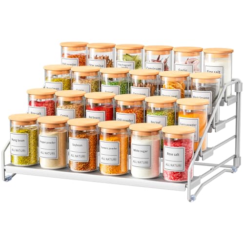 RCHYFEED 4 Tier Spice Rack Organizer, Spice Organization for Cabinet,Pantry, Countertop,Tiered Spice Rack Easy Visibility,Depth Expandable Seasoning Shelf for Kitchen Cabinet Organizer,Silver - Image 1