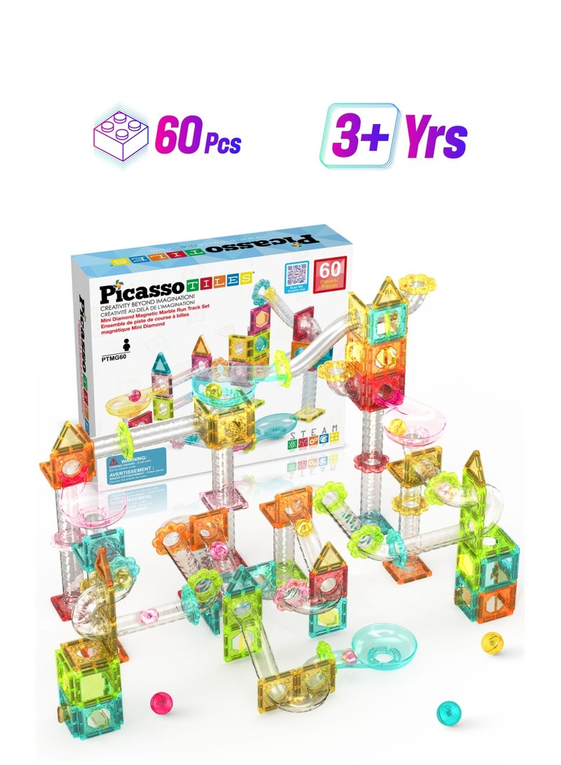 PicassoTiles Magnetic Mini Diamond Marble Run Track 60 Pieces, Magnetic Tiles, Building Blocks, Educational Toy Set, Construction Building Kit For Child Brain Development  - Image 1
