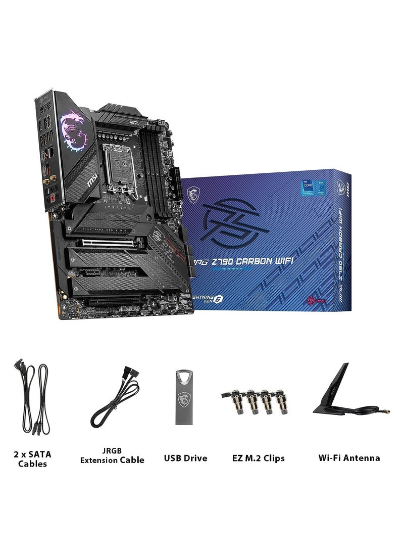 اللوحة الأم للألعاب MPG Z790 Carbon WiFi (تدعم معالجات Intel من الجيل 12/13، LGA 1700، DDR5، PCIe 5.0، M.2، 2.5 جيجابت في الثانية LAN، USB 3.2 Gen2، Wi-Fi 6E، ATX)