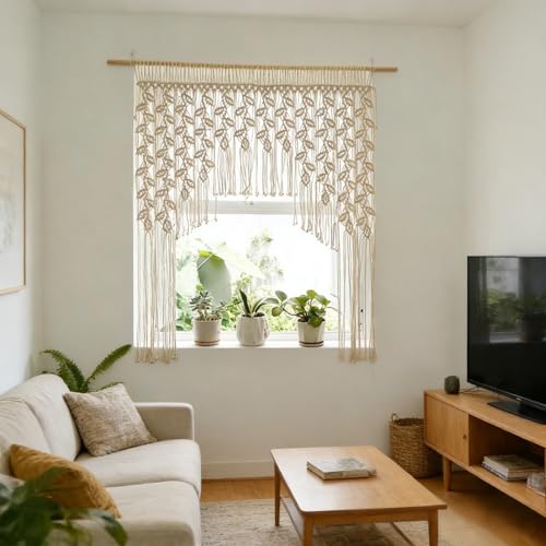 M MANUAL Macrame Valance Curtain 33.4x43.3Inch Farmhouse Boho Curtains Lvory Color Leaf Tassels Macramé Wall Curtain Macrame Wall Hanging Wall Decor Boho Wedding Arch - Image 5