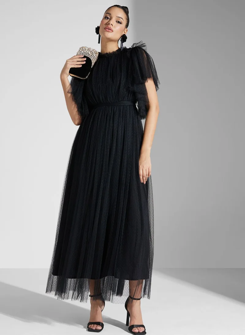 Iyra Tulle Ruffle Midi Dress