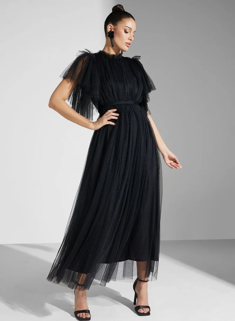 Iyra Tulle Ruffle Midi Dress
