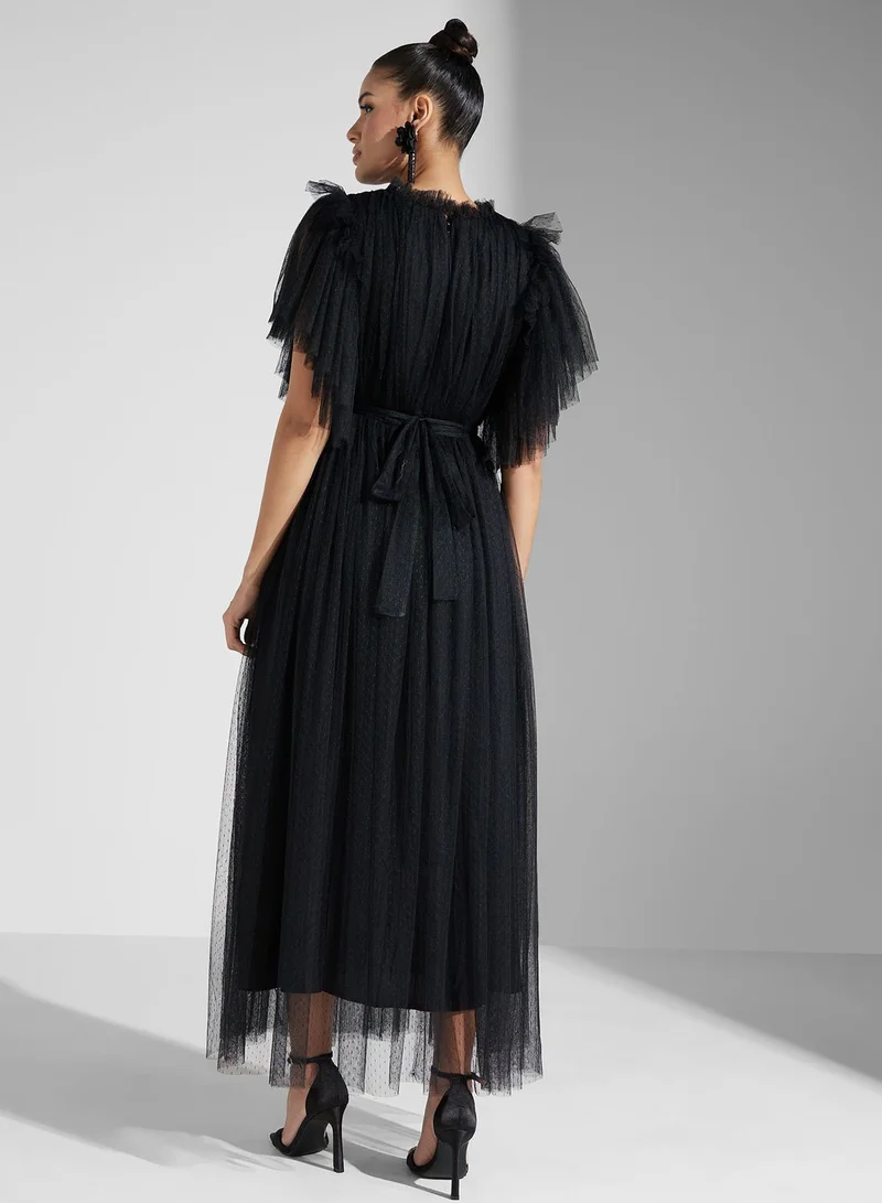 Iyra Tulle Ruffle Midi Dress