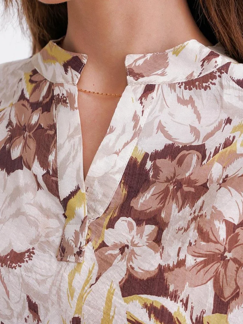 MixRay Camel Brown Floral Print Long Sleeve Mandarin Collar Blouse for Women | Best Price UAE