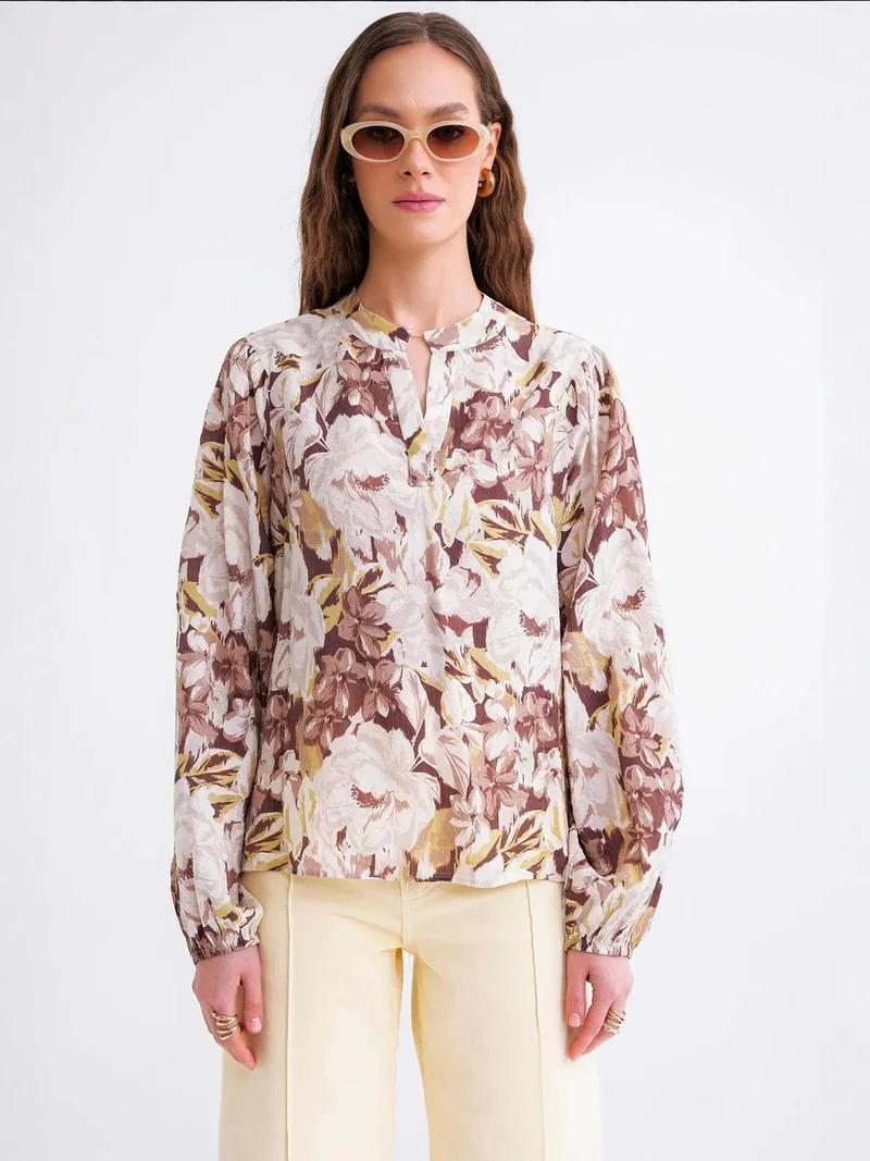 MixRay Camel Brown Floral Print Long Sleeve Mandarin Collar Blouse for Women | Best Price UAE