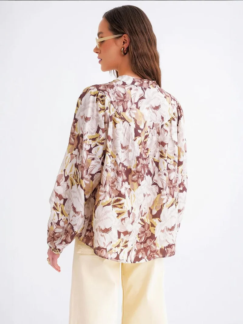 MixRay Camel Brown Floral Print Long Sleeve Mandarin Collar Blouse for Women | Best Price UAE