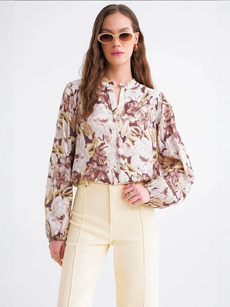 MixRay Floral Print Long Sleeve Mandarin Collar Blouse