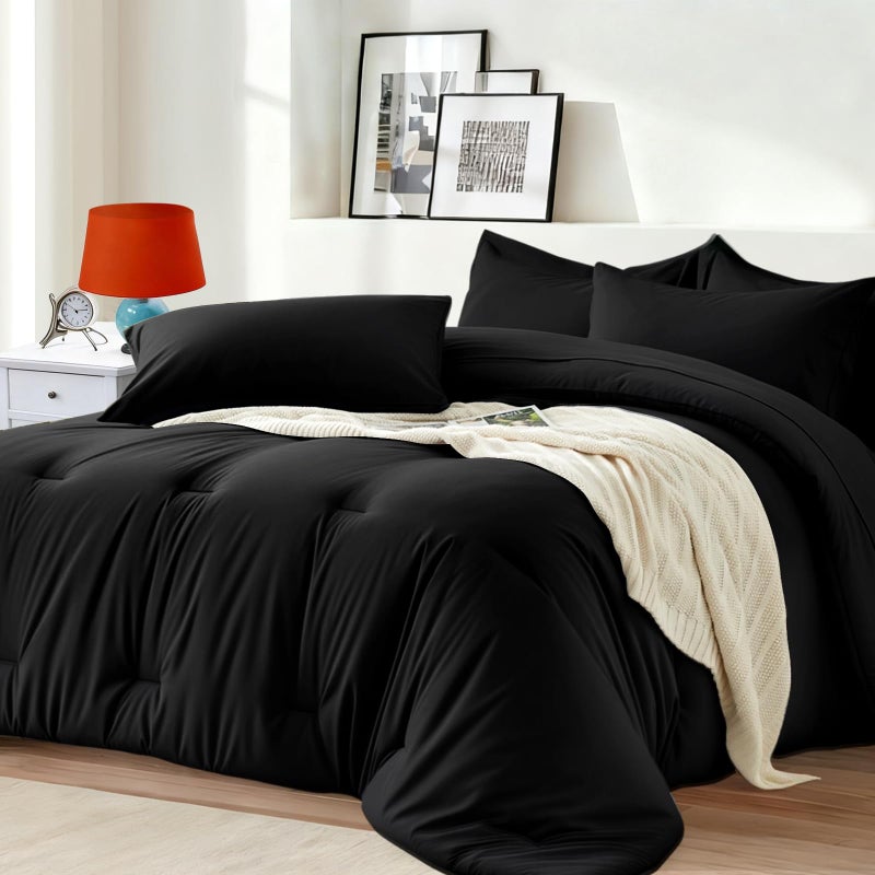 Easthome King Size Comforter Set 7 Pieces - Soft Bed in a Bag King Bed Set Black, Cozy Lightweight Bedding Sets with All Season Comforter, Flat Sheet, Fitted Sheet, 2 Pillowcases & 2 Shams - Image 1