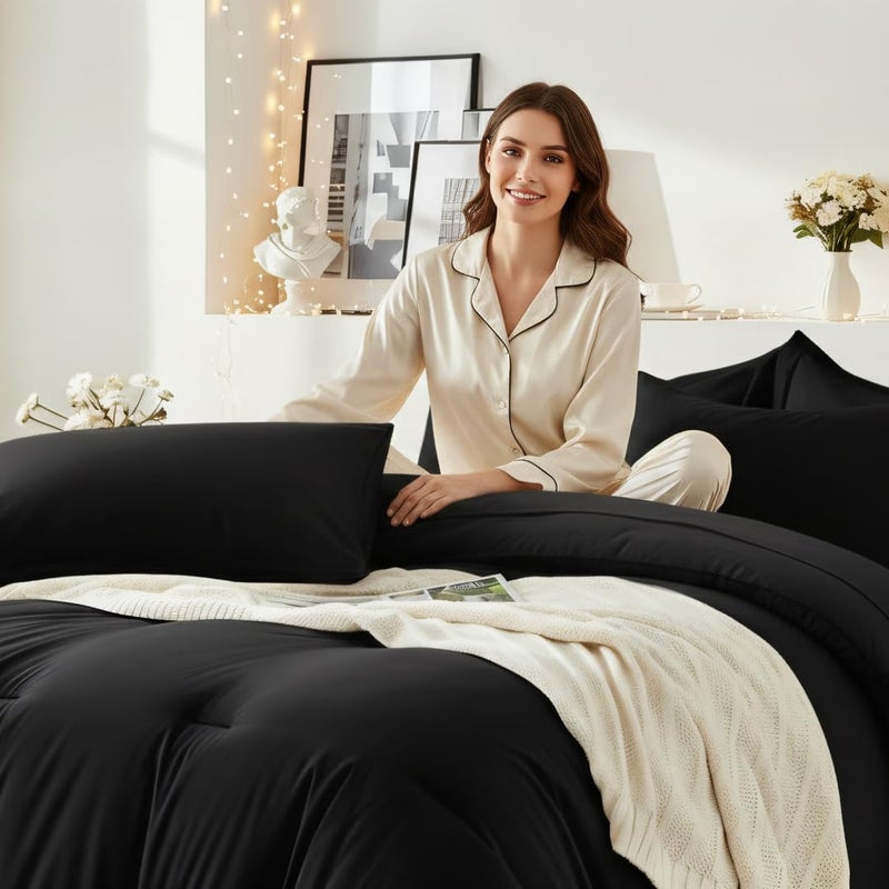Easthome King Size Comforter Set 7 Pieces - Soft Bed in a Bag King Bed Set Black, Cozy Lightweight Bedding Sets with All Season Comforter, Flat Sheet, Fitted Sheet, 2 Pillowcases & 2 Shams - Image 2