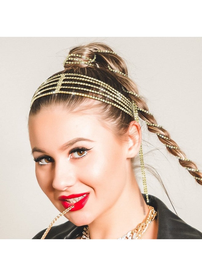 RechicGu 4 Pieces Multi-Layer Rhinestone Hair Chain Head Chains Set, Sparkly Crystal Tassel Headband, 20 Inch Hair Extension Long Chains Bling Braid Decoration Headwear Prom Bridal Accessories Gold - Image 3