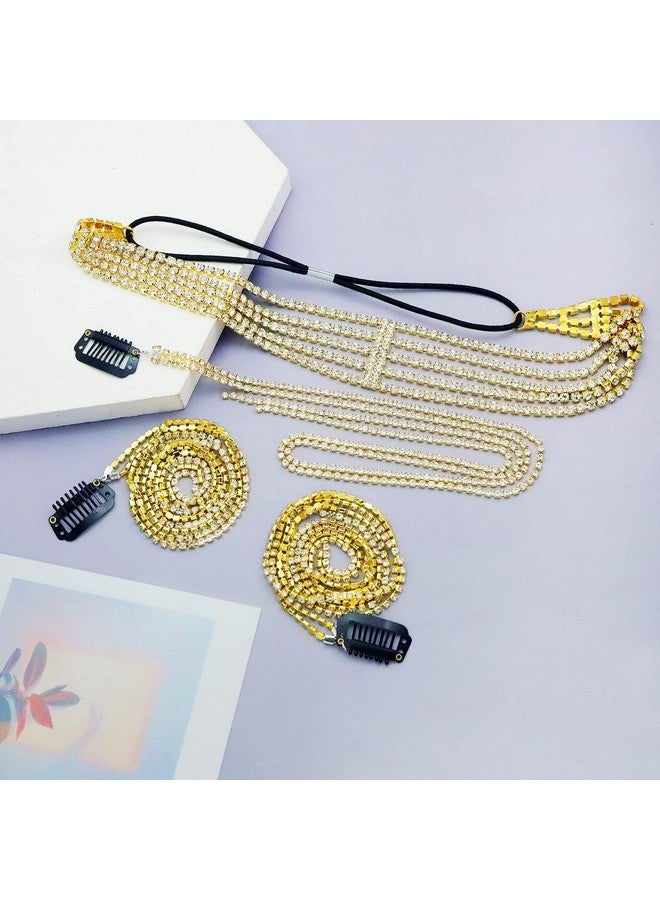 RechicGu 4 Pieces Multi-Layer Rhinestone Hair Chain Head Chains Set, Sparkly Crystal Tassel Headband, 20 Inch Hair Extension Long Chains Bling Braid Decoration Headwear Prom Bridal Accessories Gold - Image 4