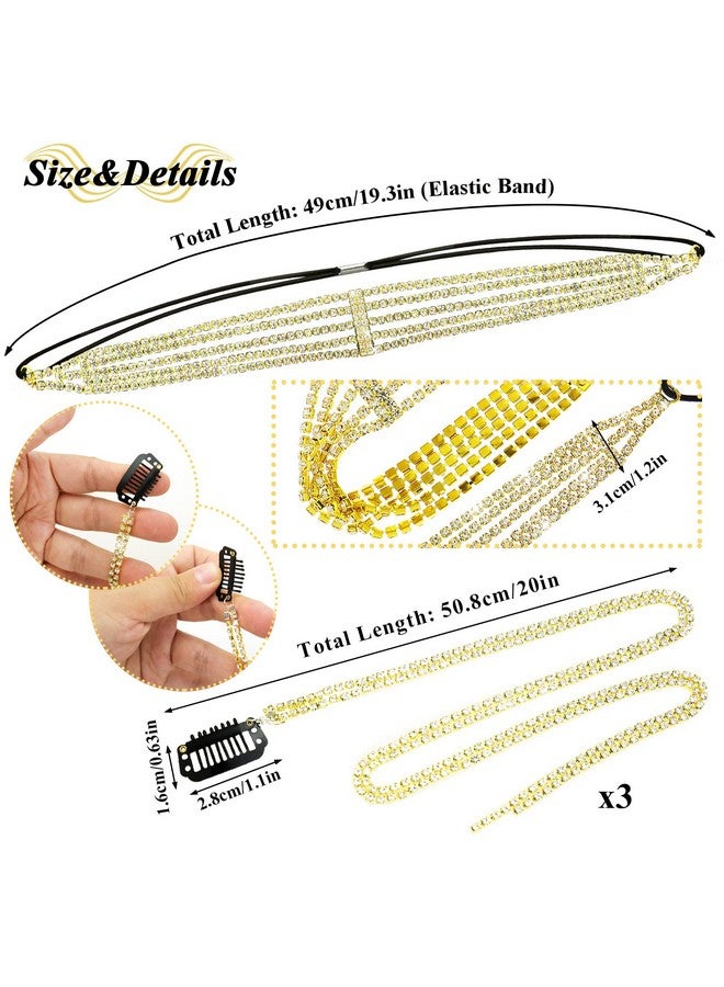 RechicGu 4 Pieces Multi-Layer Rhinestone Hair Chain Head Chains Set, Sparkly Crystal Tassel Headband, 20 Inch Hair Extension Long Chains Bling Braid Decoration Headwear Prom Bridal Accessories Gold - Image 2