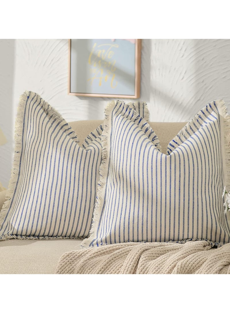 عام أغطية وسادة للرمي بمقاس 18 × 18، مجموعة من 2 غطاء وسادة مخططة بالحلي من القطن للوسادة الزخرفية المربعة - Image 1