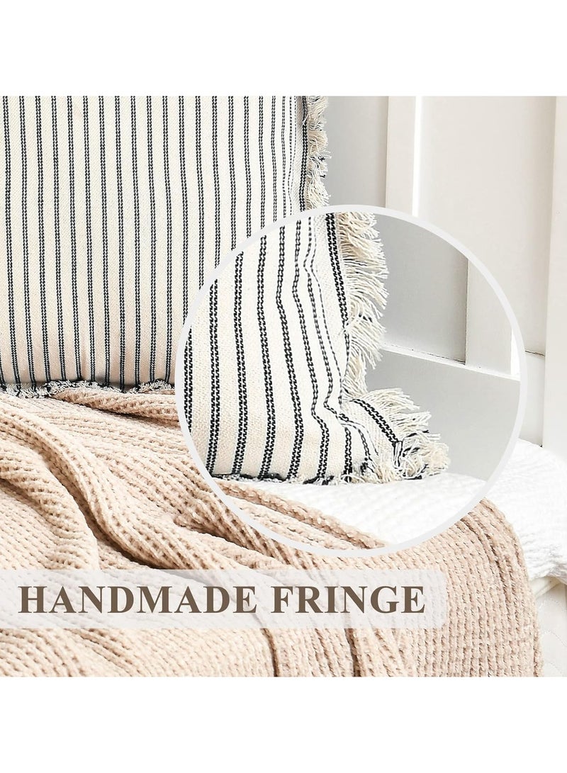 عام أغطية وسادة للرمي بمقاس 18 × 18، مجموعة من 2 غطاء وسادة مخططة بالحلي من القطن للوسادة الزخرفية المربعة - Image 3