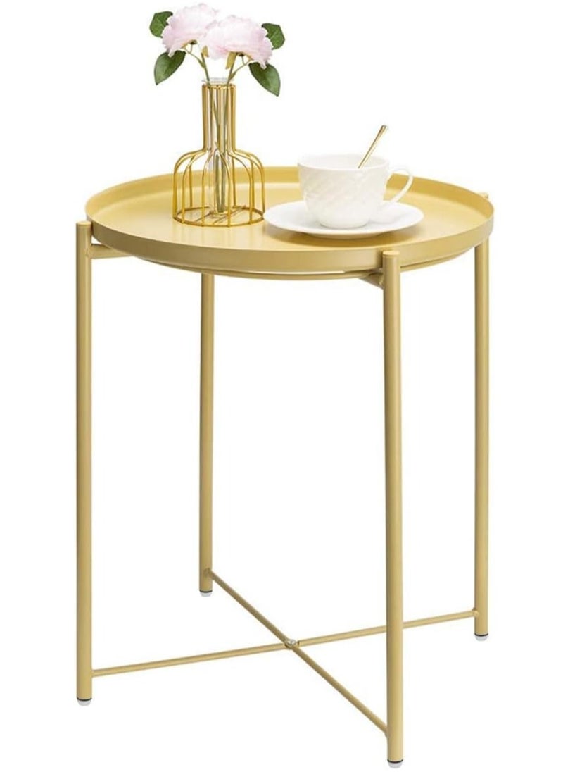 Aputue - Round Tray End Table, Anti-Rust and Waterproof Outdoor & Indoor Metal Snack Table with Removable Tray, Sofa Side Table, 45x45x53cm - Yellow - Image 1