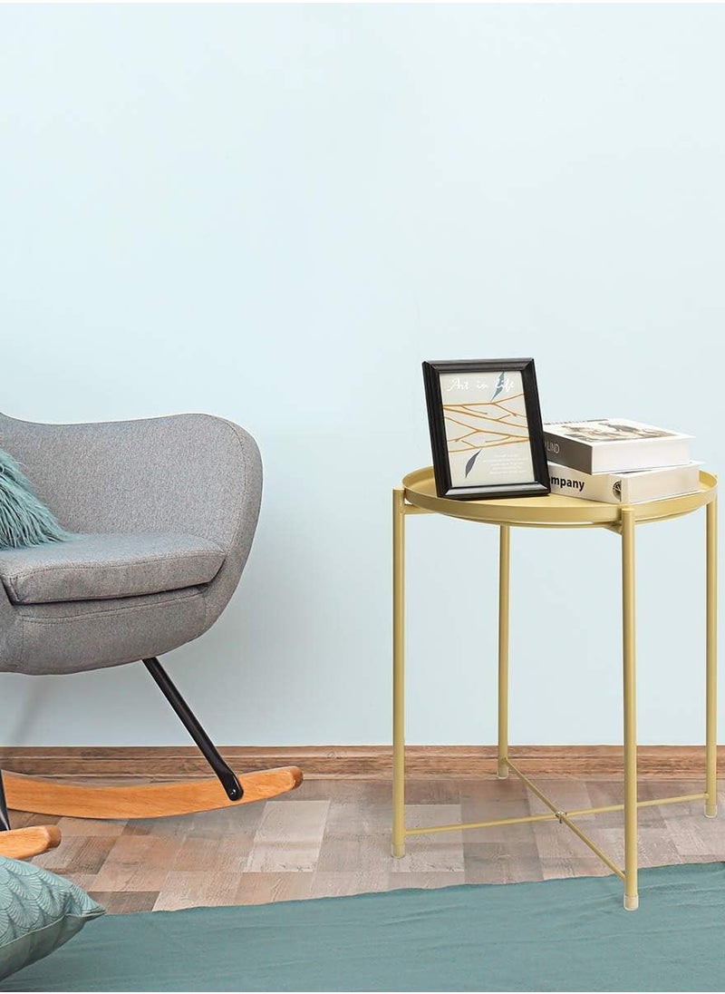 Aputue - Round Tray End Table, Anti-Rust and Waterproof Outdoor & Indoor Metal Snack Table with Removable Tray, Sofa Side Table, 45x45x53cm - Yellow - Image 1