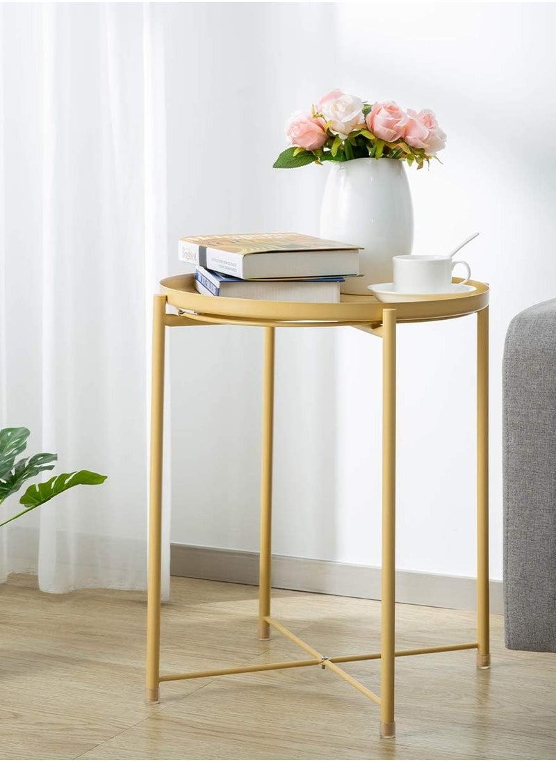 Aputue - Round Tray End Table, Anti-Rust and Waterproof Outdoor & Indoor Metal Snack Table with Removable Tray, Sofa Side Table, 45x45x53cm - Yellow - Image 1