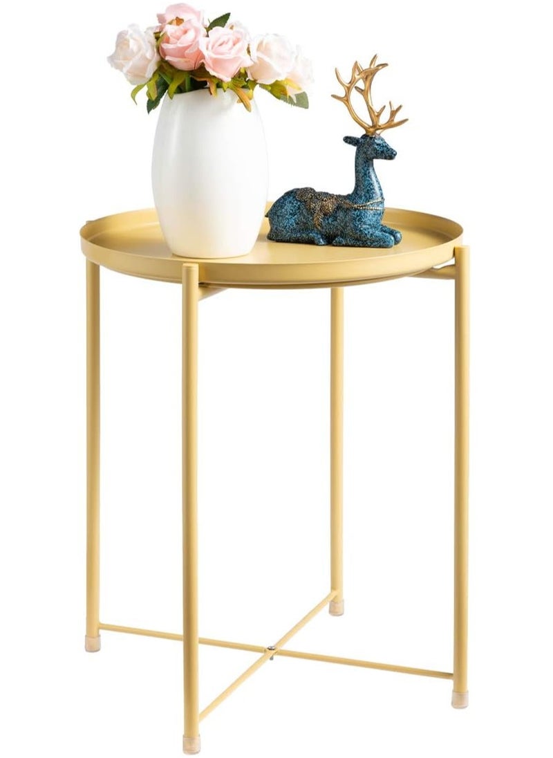 Aputue - Round Tray End Table, Anti-Rust and Waterproof Outdoor & Indoor Metal Snack Table with Removable Tray, Sofa Side Table, 45x45x53cm - Yellow - Image 1