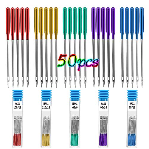 Amytalk 50PCS Sewing Machine Needles Universal Regular Point Machine Needles Compatible for Singer, Brother, Janome, Varmax with Size in 65/9, 75/11, 90/14, 100/16, 110/18 (5 Colors) - Image 1