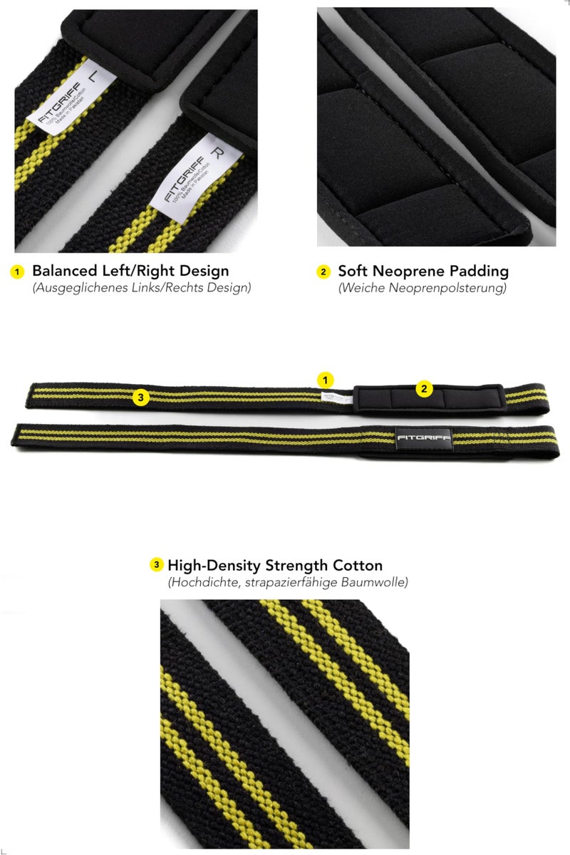 Fitgriff® Lifting Wrist Straps for Weightlifting, Gym, Deadlift, Workout (Made of Premium Cotton & Padded) - Men & Women (Standard, Black/Yellow) - Image 3