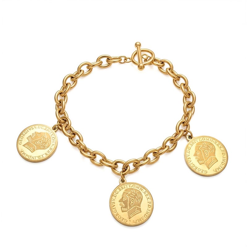 An elegant gold bracelet made of rust-resistant stainless steel, with a classic chain design adorned with three elegant coins, and an adjustable clasp to suit you. - Image 1