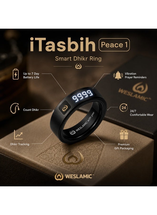 ويسلاميك خاتم iTasbih Peace1 الذكي، عداد تسبيح رقمي مع تتبع معدل ضربات القلب والصلاة، مناسب للجنسين، أسود اللون - Image 2