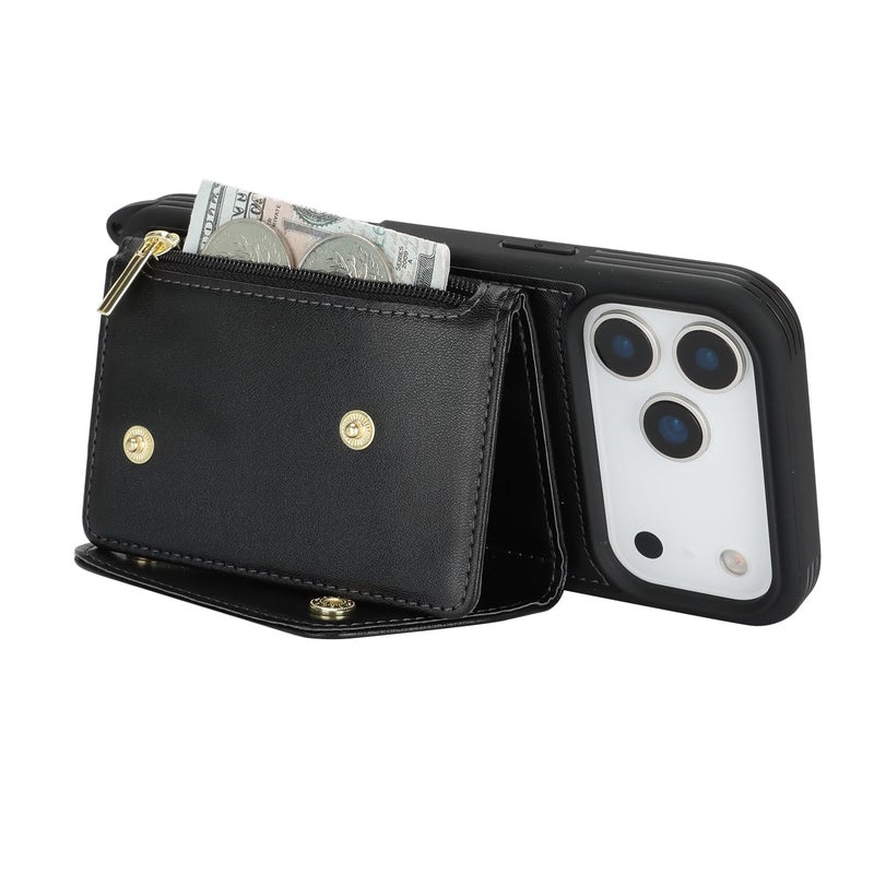 Lipvina for iPhone 17 Pro Case with Card Holder and Strap - Zipper Pocket,Crossbody Lanyard Strap,Credit Card Holder,Stand Ring,Cute Phone Wallet Case for Women(Black,6.3 Inch) - Image 2