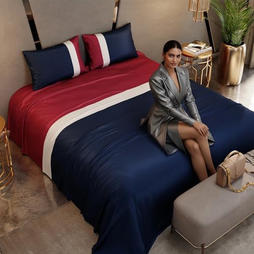Stoa Paris 300TC UltraSatin Super Size Bedsheet with 2 Pillow Covers, 274cm x 274cm Ideal for King & Double Bed, Gentle on Skin & Hair, Fade & Wrinkle Resistant, Quick Dry, Vogue - Navy, Red, White - Image 1