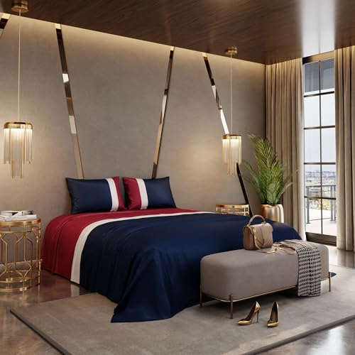 Stoa Paris 300TC UltraSatin Super Size Bedsheet with 2 Pillow Covers, 274cm x 274cm Ideal for King & Double Bed, Gentle on Skin & Hair, Fade & Wrinkle Resistant, Quick Dry, Vogue - Navy, Red, White - Image 2