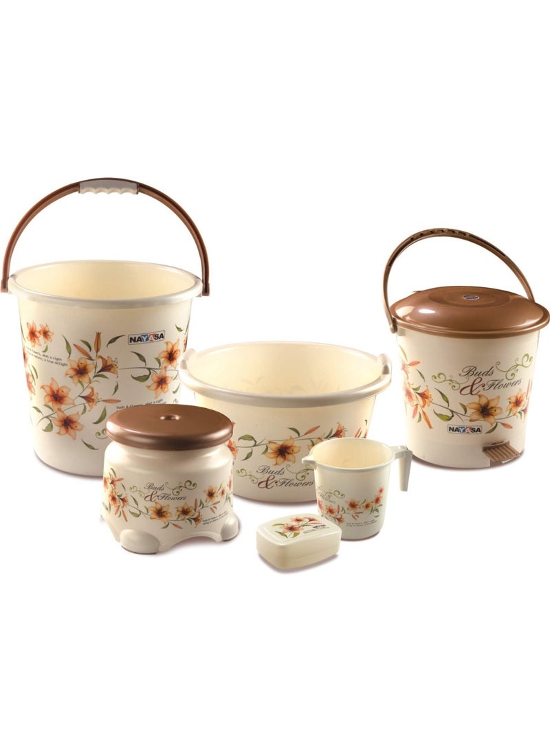 NAYASA Nayasa Bathroom Set Small DLX 6 Pcs Bkt 18 L Mug 15 L Basin 20 L Dustbin 14 L 509 Stool Soap Case Bathroom Accessory Set Plastic Bathroom Set Bath Set for Bathroom Brown  - Image 1
