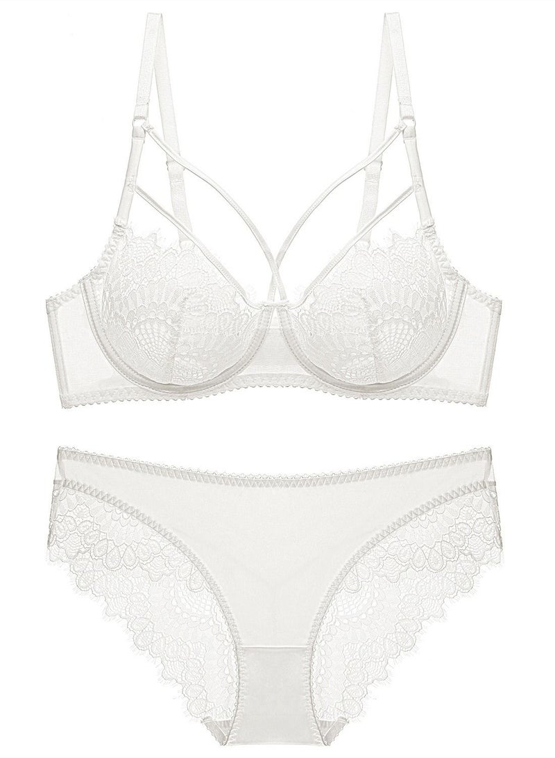 Loquat Breathable Ultra Thin Cup Unpadded Lace Bra And Panty Set White 