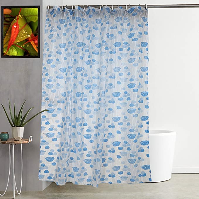 SHAVIN PVC Printed Bathroom Shower Curtain with Hooks (54 x 84 Inches, Blue) - Image 1