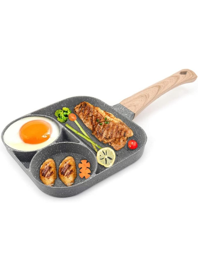 Arabest 2-in-1 Nonstick Egg Steak Skillet, 3-Section Aluminum Alloy Egg Pan with Wooden Handles for Cooking Ham Omelet Egg Muffins  - Image 1