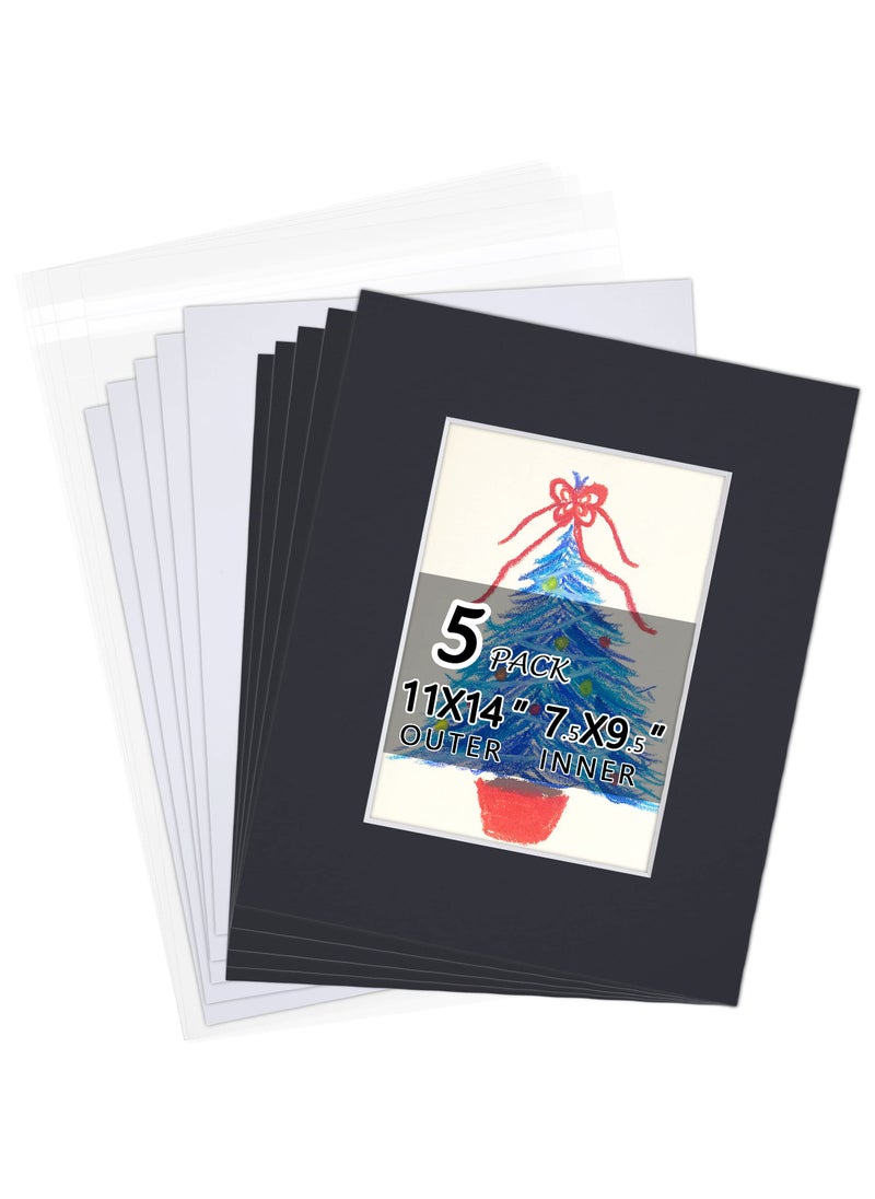 Falling In art Acid Free 5 Pack 11x14 PreCut Mat Board Show Kit for 8x10 Photos Prints or Artworks 5 Core Bevel Cut Matts and 5 Backing Boards and 5 Crystal Plastic Bags Black 