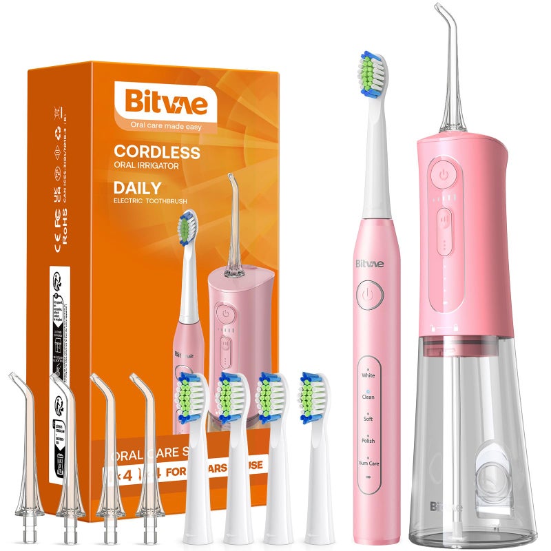 Bitvae Water Dental Flosser Teeth Picks - Cordless Portable Oral Irrigator, 5 Modes Sonic Electric Toothbrush with 3 Modes & 5 intensities Water Teeth Cleaner Combo, Quartz Pink - Image 1