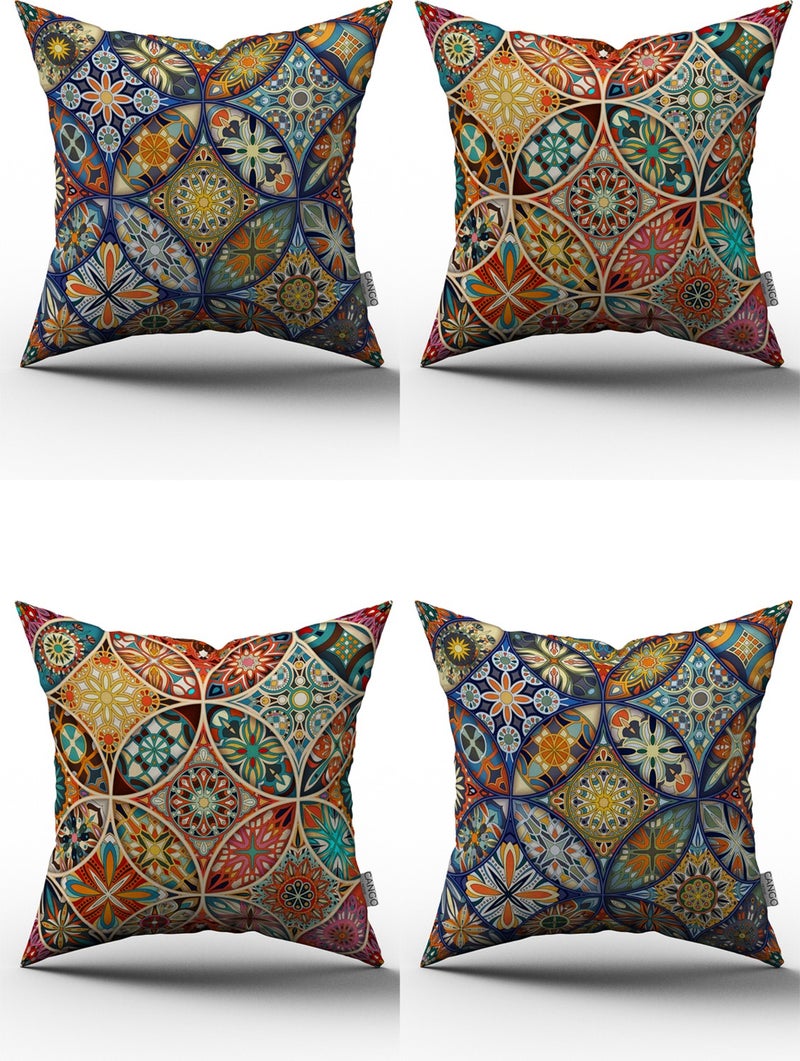 Esnafali Ethnic Patterned Digital Printed Throw Pillow Cover Set 4KMBS193 Orange Yellow Blue Green Red 