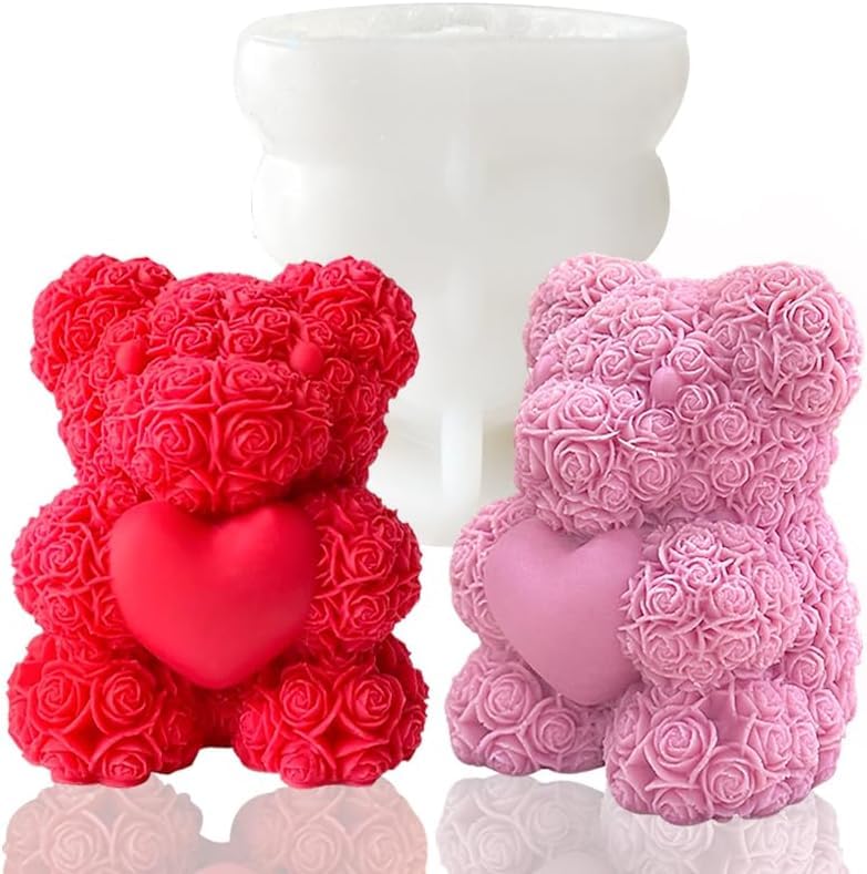 SOFTCREATO Rose Bear Shape Candle Mold I 3D Teddy Bear with Heart Silicone Epoxy Casting Mould I for DIY Handmade Ornament Cake Dcor Aromatherapy Soap Resin Art Craft Making Home Dcor Birthday Gift Valentines Day Gift Large