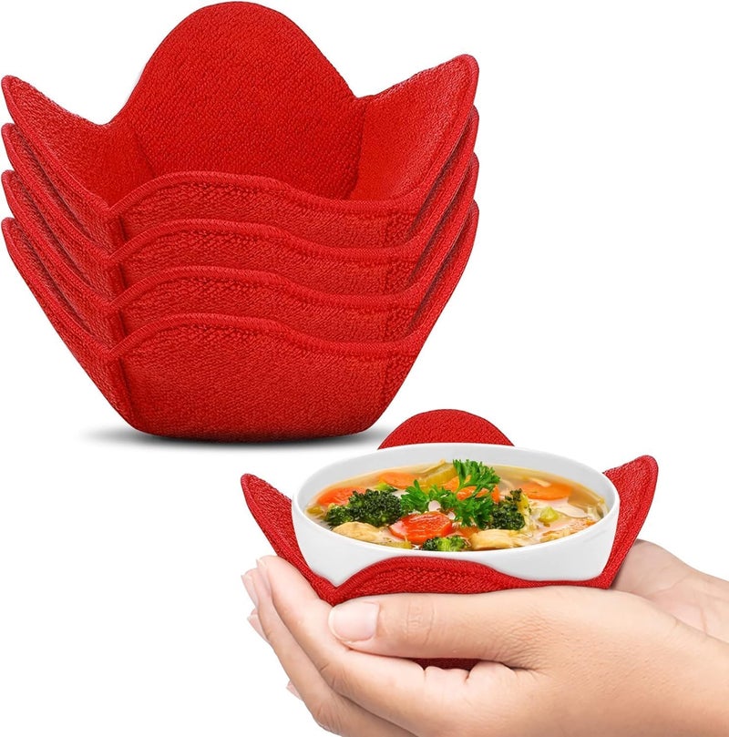 Trendsettings Microwave Bowl Cozies Warmers Food Microfiber Heat Resistant Food Warmer Set Microwave Safe Hot and Cold Bowls Holder Without Burning Your Hands Set of 4 Microwave Bowl Holders (Red) - Image 5