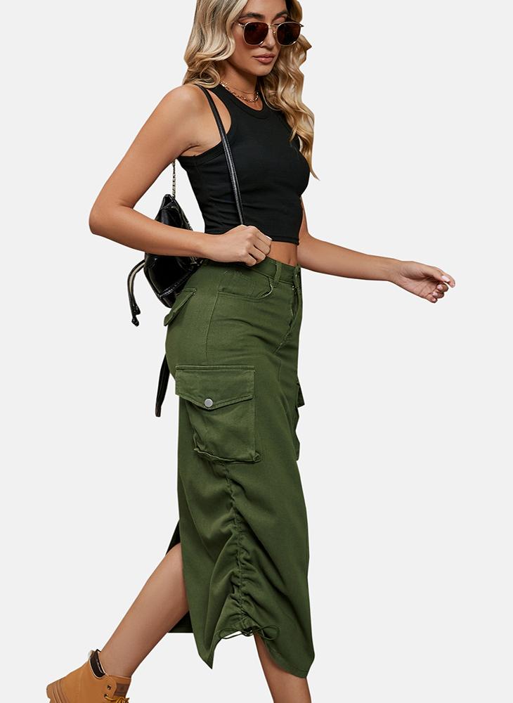 YUNIQEE Green Mid Rise Plain Midi Skirt - Image 5