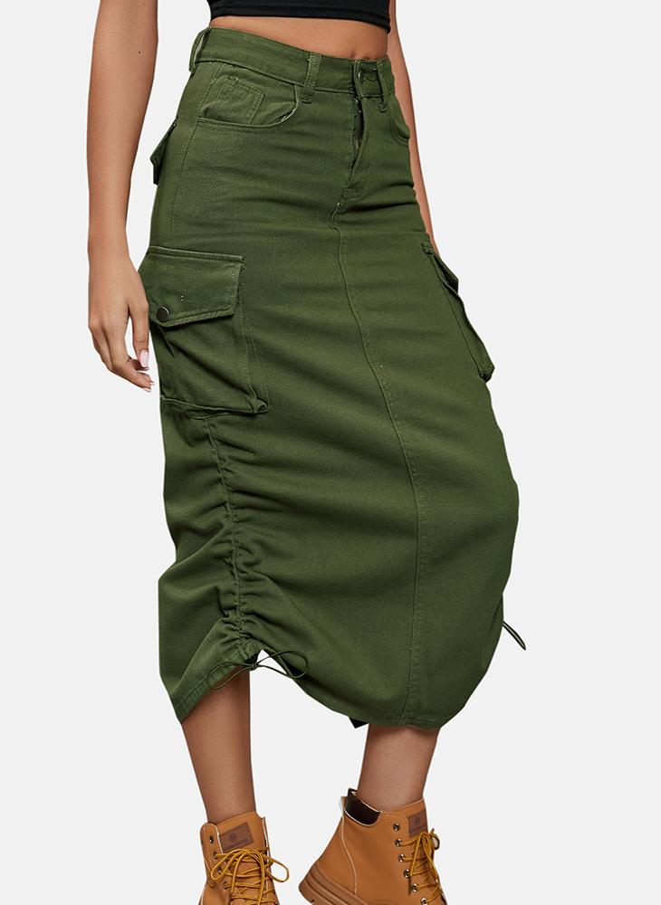 YUNIQEE Green Mid Rise Plain Midi Skirt - Image 4