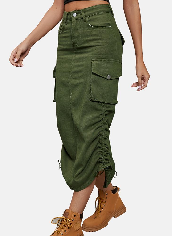 YUNIQEE Green Mid Rise Plain Midi Skirt - Image 3