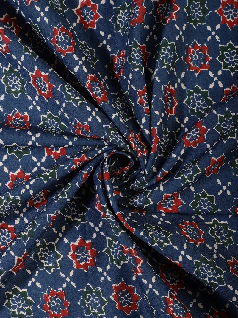 أيه كيه إس Dark Blue Floral Block Print Fabric One Meter