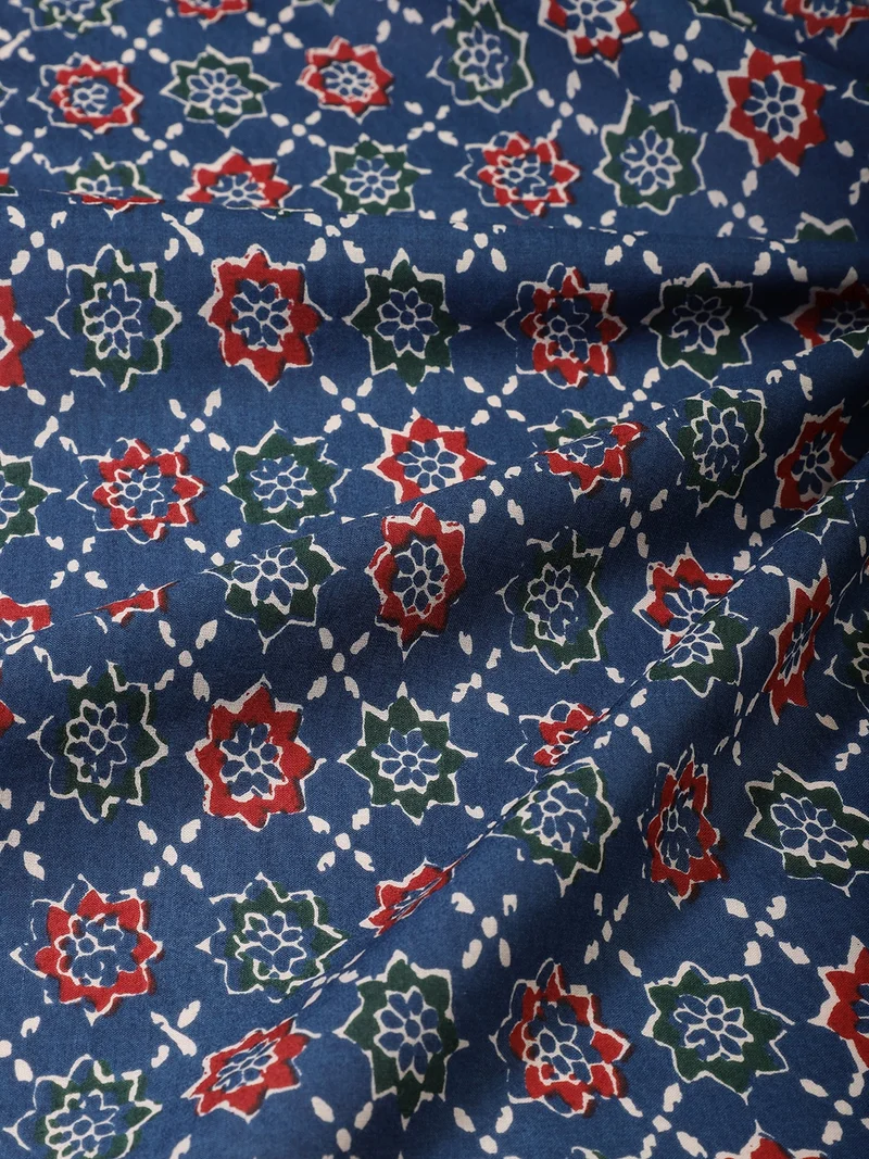 أيه كيه إس Dark Blue Floral Block Print Fabric One Meter