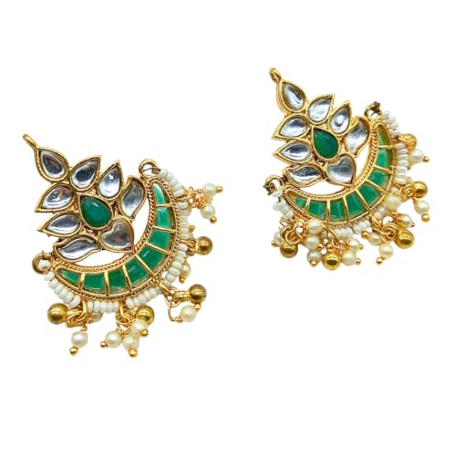 JWELLA Gold Plated Traditional Kundan and Emerald Green Stones Studded Chandbali Design Stud Earrings For Women Festive & Wedding - Image 4