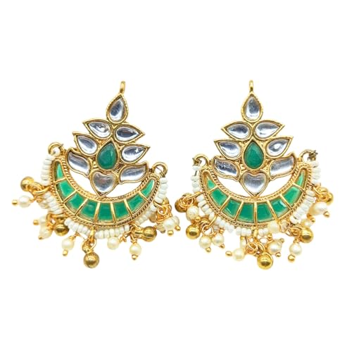 JWELLA Gold Plated Traditional Kundan and Emerald Green Stones Studded Chandbali Design Stud Earrings For Women Festive & Wedding - Image 1