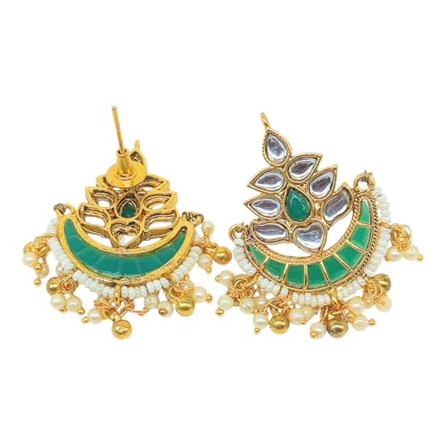 JWELLA Gold Plated Traditional Kundan and Emerald Green Stones Studded Chandbali Design Stud Earrings For Women Festive & Wedding - Image 5