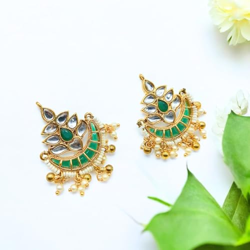 JWELLA Gold Plated Traditional Kundan and Emerald Green Stones Studded Chandbali Design Stud Earrings For Women Festive & Wedding - Image 2